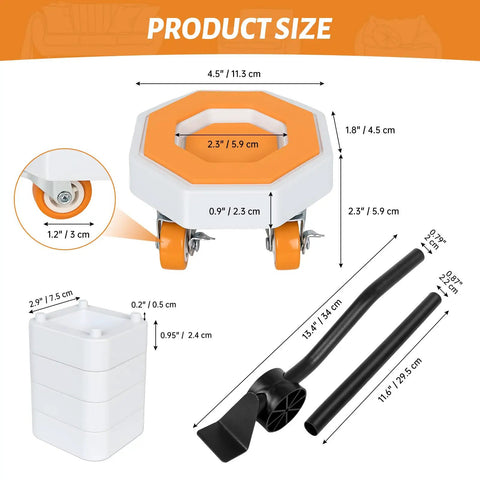 Heavy Duty Furniture Dollies With 360 Degree Rotating Rubber Wheels, detailed size chart showing dimensions and components.