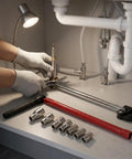 Heavy Duty Carbon Steel Faucet Wrench Set With Knuckle Savers Handles in action under a sink for plumbing repairs.