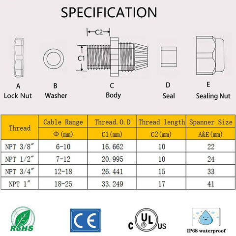 Specification sheet for 10 Pack NPT One Half Inch Cord Grip Glands IP68 Waterproof Adjustable 7 To 12mm Plastic Cable Connectors