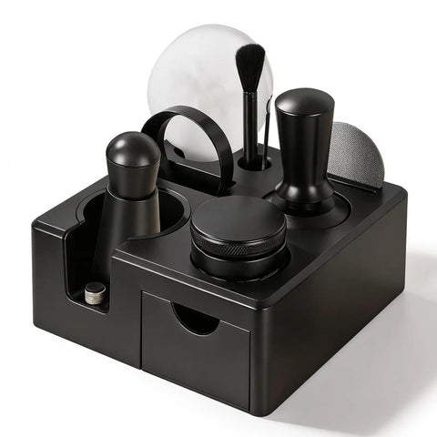 Game Changer 51 Mm Espresso Accessory Bundle with black tamping tools and an organized station for easy espresso prep.