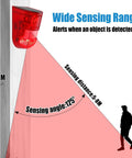 Illustration showing the Solar Powered Motion Sensor Alarm System With 129dB Outdoor Siren, highlighting 125° detection angle and 8-meter range.