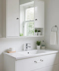 5 Pack Polished Chrome Acrylic Cabinet Pull Handles For Kitchen Drawers And Bathroom Cabinets installed on white vanity
