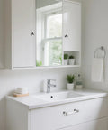 Level Up Your Home Game With This 5 Pack Of 5 Inch Center To Center Acrylic Cabinet Handles And Super Sleek Polished Chrome Drawer Pulls For Kitchens And Dressers on a modern white bathroom vanity.
