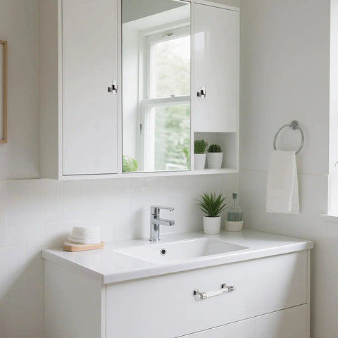Level Up Your Home Game With This 5 Pack Of 5 Inch Center To Center Acrylic Cabinet Handles And Super Sleek Polished Chrome Drawer Pulls For Kitchens And Dressers on a modern white bathroom vanity.