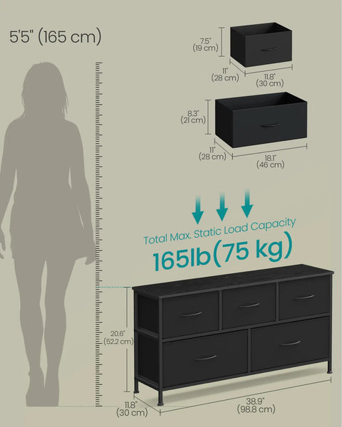 Diagram of Totally Five Drawer Dresser For Bedroom And Entryway, Steel and MDF, showing dimensions and load capacity.