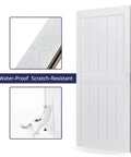 36-Inch By 84-Inch MDF Sliding Barn Door With 6.6-Foot Hardware Kit And Handle, Pre-Drilled Holes For No-Fuss Assembly, Solid White Door Slab With Waterproof PVC Surface, H-Frame Style showing waterproof and scratch-resistant features.