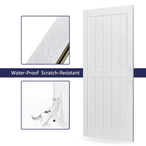 36-Inch By 84-Inch MDF Sliding Barn Door With 6.6-Foot Hardware Kit And Handle, Pre-Drilled Holes For No-Fuss Assembly, Solid White Door Slab With Waterproof PVC Surface, H-Frame Style showing waterproof and scratch-resistant features.