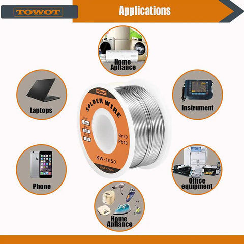 Tin Lead Rosin Core Solder Wire For Electronics Soldering Sn60 Pb40 With Rosin Flux One Point Eight Percent Flux Content 1.0mm Diameter 50g Spool with application icons