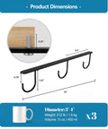 Diagram of dimensions for Under Cabinet Mug Hooks Set, 3 Pack with 9 Hooks, Easy Cup Hanger for Displaying Coffee Mugs, Black Finish