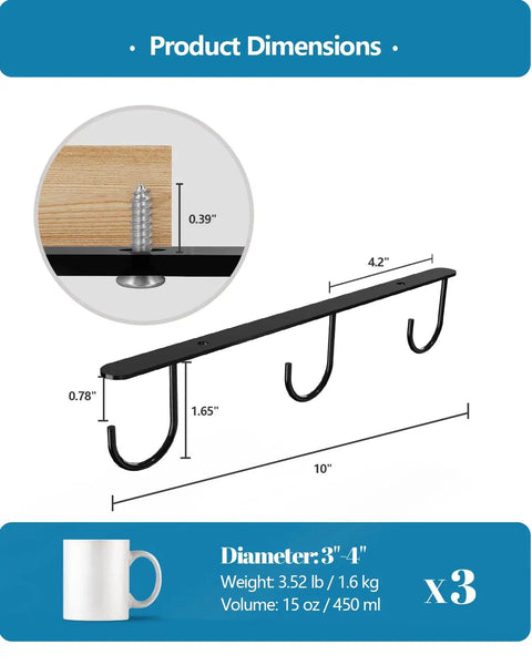 Diagram of dimensions for Under Cabinet Mug Hooks Set, 3 Pack with 9 Hooks, Easy Cup Hanger for Displaying Coffee Mugs, Black Finish