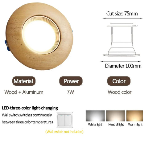 UWYTGF 10 Pack 3.9 Inch Led Recessed Lights showing wood baffle trim, 7W power, adjustable color temperatures, and installation size.