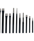 Vertical view of 28 Piece Punch And Chisel Set With Roll Up Pouch In Chrome Vanadium And High Carbon Steel tools lined up.