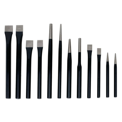 Vertical view of 28 Piece Punch And Chisel Set With Roll Up Pouch In Chrome Vanadium And High Carbon Steel tools lined up.