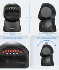 Hands Free 2D Barcode Scanner With USB Desktop Connection Omnidirectional QR Code Reader showing multiple angles and dimensions