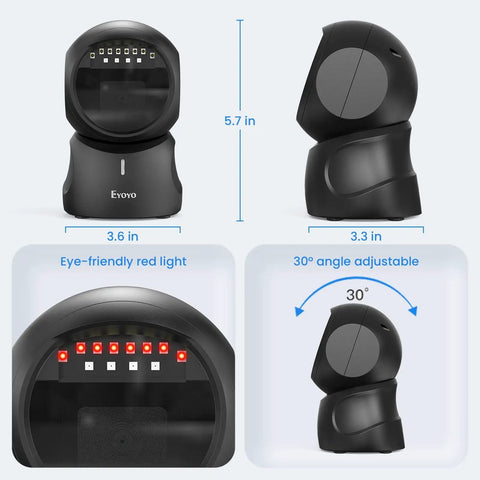 Hands Free 2D Barcode Scanner With USB Desktop Connection Omnidirectional QR Code Reader showing multiple angles and dimensions