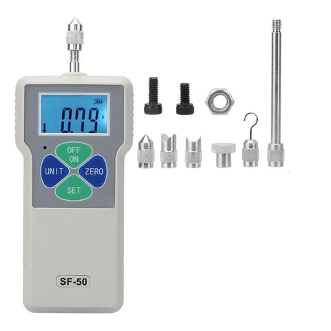Handheld Portable Push And Pull Tester Meter Digital Force Gauge 50N 5kg 11Lb High Sensitivity Sensor Fast Readouts Long Battery Life With 3.7V Battery Low Battery Alert Safe Durable Tension And Compression Tester, SF-50 with attachments