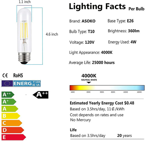 Lit 4000K Daylight T10 LED Tubular Filament Bulbs For Desk Lamps Edison Style with lighting facts and efficiency rating