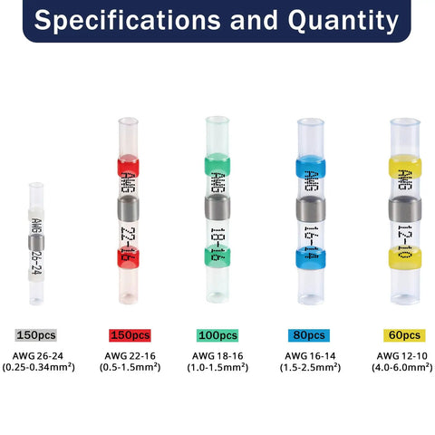 540 Piece Solder Seal Wire Connectors Kit With Heat Shrink Solder Sticks Waterproof Butt Connectors specifications and quantities.
