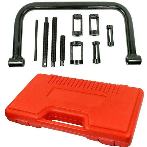 Valve Spring Compressor C Clamp Tool Set For Auto Service And Small Engine Maintenance with case and adapters displayed.