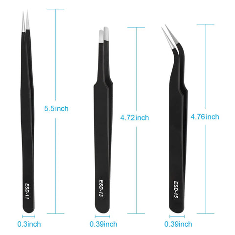 Three-Piece Precision Tweezers Set With Fine Straight Tip, Fine Curved Tip, And Flat Round Tip, Upgraded ESD Safe Anti-Static Crafting Tweezers For Electronics, Jewelry, And Detailed Work, Hand-Polished For Next-Level Accuracy. Black ESD tweezers set, 5.5, 4.72, 4.76 inch