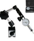 Dial test indicator with magnetic base; case; 0-0.03 in range, 0.0005 in resolution; includes 3/8 and 5/32 clamps.