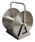 Heavy Duty Wall Mount Metal Garden Hose Reel Featuring Legit Stainless Steel Storage Rack, durable with polished surface.