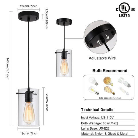 Three Pack Dope Industrial Transparent Pendant Lights With Large Cylindrical Glass Shades And Clear Finish Adjustable Nylon Core Height For Kitchen Island Not Included Bulbs with technical details showing dimensions and bulb recommendations