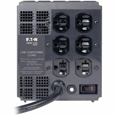 Heavy Duty 2400W Line Conditioner And Surge Protector Power Strip With Automatic Voltage Regulation Plus Six Bulletproof Outlets back view with power cable.