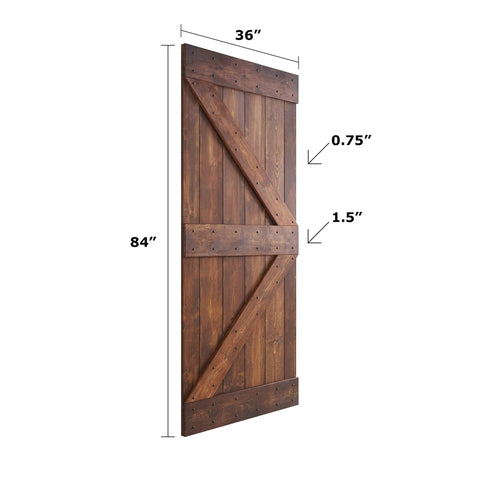 Side view of Knotty Pine Wood Sliding Barn Door Kit 36x84 Dark Walnut DIY Unassembled Panels With Hardware Included Pre Drilled Bore Holes Silent Smooth Tracks Hand Made In The USA.