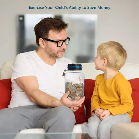Father and son using Green Digital Coin Counter Money Bank With LCD Display, 1.8L ABS Jar, Battery Operated, Lockable Jar