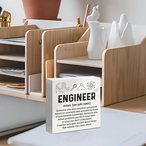 Engineer Decor Wooden Box Sign For Home Office Shelf Or Table Nerdy Yet Cool Gift displayed in modern desk setup