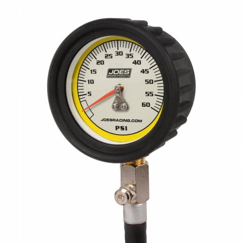 JOES Racing tire pressure gauge, analog 0-60 psi, 2-1/2-in black housing with white dial and yellow ring, hose attached