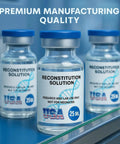 Front view of three 25 ml glass reconstitution solution vials with blue caps