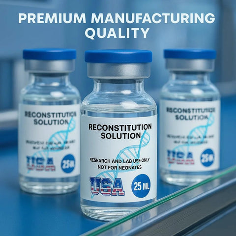 Front view of three 25 ml glass reconstitution solution vials with blue caps