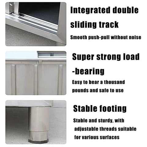 Heavy Duty Stainless Steel Prep Workbench With Cabinet Sliding Doors And Splatter Guard Backsplash Commercial Grade Metal Kitchen Workhorse Built Like A Tank Featuring Solid Rubber Feet integrated double sliding track and stable footing details.
