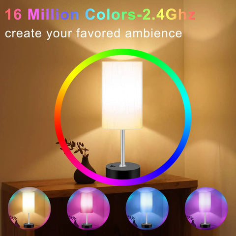 Smart RGB LED Bedside Lamp With USB Charging Ports, multicolor dimmable light for bedroom ambiance on nightstand.