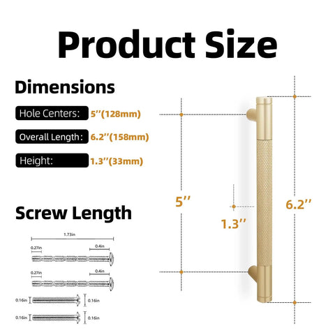 Heavy Duty Brushed Gold Cabinet Pulls And Drawer Handles Zero Hassle Swap Knurled Design 5 Inch Hole Spacing 30 Pack dimensions diagram.