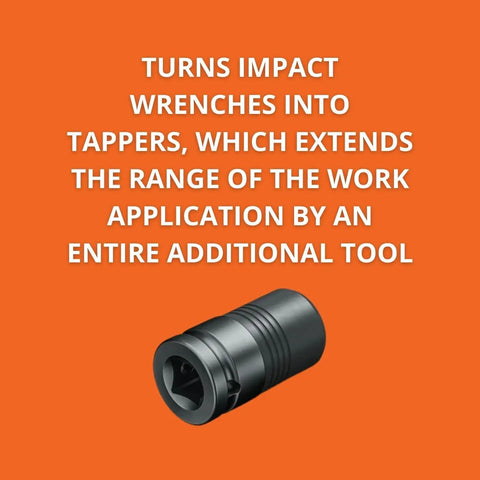 Universal 1/2 Inch Square Drive Impact Wrench Tapping Adapter For Drill Countersink And Threading Up To 1 Inch shown at angle on orange background.