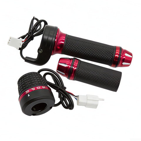 Four Gear Electric Bike Throttle Grip With ABS Rubber Handle For 48V 60V 72V Ebikes, dual grip set with cables, red accents