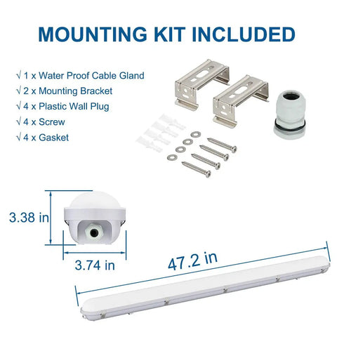 Mounting kit for 4Ft LED Vapor Tight Light 60W 6600lm Waterproof Outdoor Shop Fixture 5000K IP65, includes brackets and screws