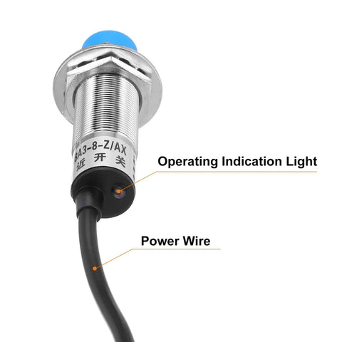 Inductive Proximity Sensor Switch M18 8mm Detection Distance NC Normally Closed, NPN Output, shown with operating light and power wire
