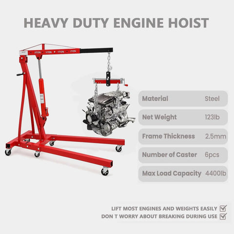 Heavy Duty Two Ton Folding Engine Hoist With Six Swivel Caster Wheels And Precision Leveler lifting an engine, steel frame, 123lb weight
