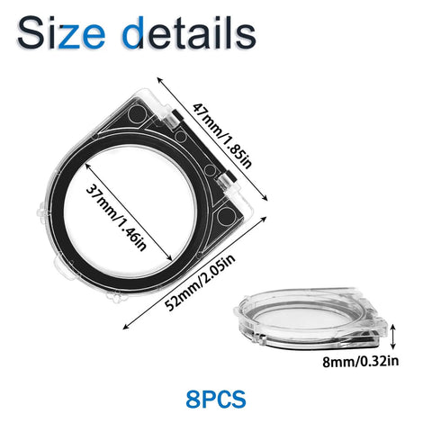 Eight Piece Push Button Cover Set Keeps You From Accidentally Pressing Buttons On Elevators Washing Machines And Office Equipment With Dustproof Waterproof Plastic Protection showing size dimensions.