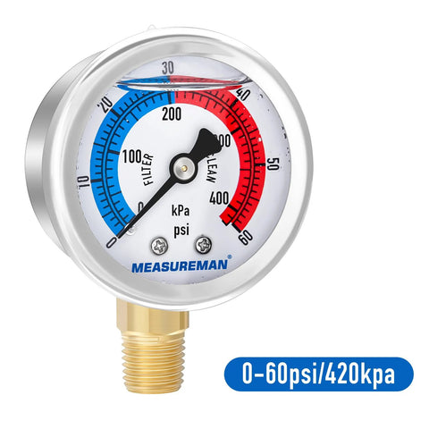 MeasurMAN 2-inch glycerin-filled pool filter pressure gauge with 304 stainless steel case and 1/4" NPT lower mount, 0–60 psi