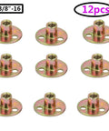 Heavy Duty Screw In Tee Nuts For Furniture Hardware With 3/8-16 Thread Zinc Plated Carbon Steel Frame And No Fuss Bolt Up Design For Rock Solid Mounting On Any Job Site Or Weekend DIY Build 12 Pc, showing zinc plated nuts arranged in 12 pieces.