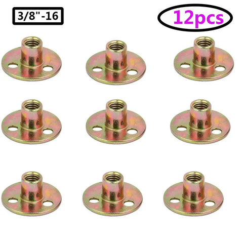 Heavy Duty Screw In Tee Nuts For Furniture Hardware With 3/8-16 Thread Zinc Plated Carbon Steel Frame And No Fuss Bolt Up Design For Rock Solid Mounting On Any Job Site Or Weekend DIY Build 12 Pc, showing zinc plated nuts arranged in 12 pieces.