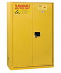 Built Tough 60 Gallon Paint And Ink Safety Cabinet With Five Adjustable Shelves And Dual Self Closing Doors Featuring A Slick Sliding Mechanism Holds The Load Workhorse Grade Yellow Storage Bin For Hazardous Workshop Essentials, front view with locked doors.
