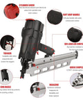 Framing Nailer Heavy Duty Pneumatic 21 Degree RHF9021 with Toolless Depth Adjust, showing key features and components