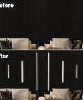 Before and after comparison of 9-Lights LED Recessed Lighting Wall Panel Lights on a slat wall.