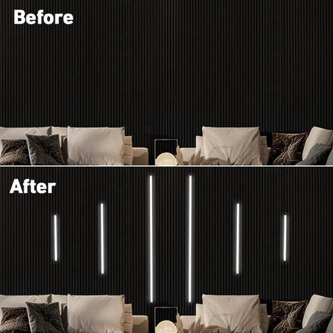 Before and after comparison of 9-Lights LED Recessed Lighting Wall Panel Lights on a slat wall.